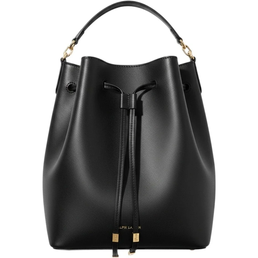 Lauren Ralph Lauren Debby Drawstring Bucket Bag Black Leather Red Interior Gold
